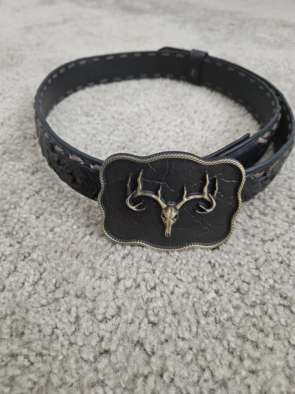 Western Antler Buckle Leather Belt - Black